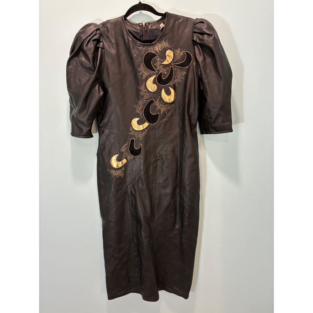 Vintage 80s Black Leather Puff Sleeve Midi Dress Gold Embroidery Applique Medium